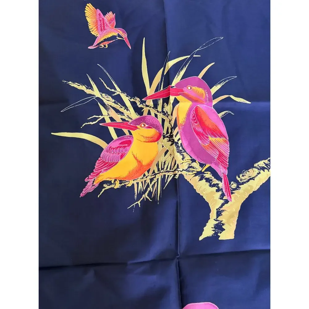Vintage Silk Suzanne Collection Thai Silk Bird Scarf Navy Tropical Print 35”